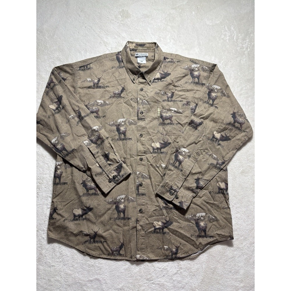 Columbia River Lodge Mens XL Deer Buck Wildlife Print Cotton Button Down Brown
